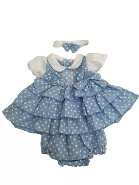 Baby girl dress pants spanish style frilly spotty pink or blue summer dress set