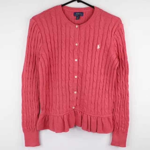 Polo Ralph Lauren Sweater Youth 16 Cardigan Cable Knit Ruffled Hem Jumper