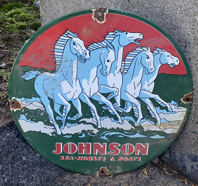 12” Johnson Sea-Horses & Boats Porcelain Enamel Metal Outboard Motor Sign 12” Johnson Sea-Horses & Boats Porcelain Enamel Metal Outboard Motor Sign