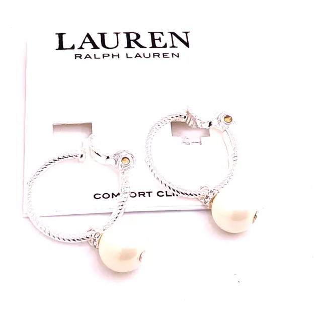 Ralph Lauren Comfort Clip Silver Tone Faux Pearl Hoop Earrings