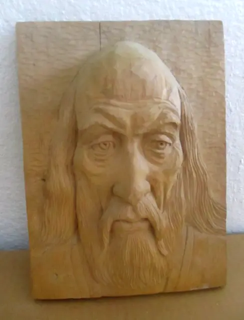 Vintage Emil Janel Wood Block Hand Carved Face of Old Man