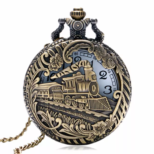 Retro Train Locomotive Hollow Case Analog Quartz Pocket Watch Necklace Chain