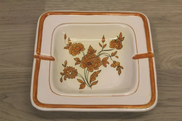 Vintage Florence Italy Pottery Hand Painted Brown Florals Ash Tray 8 Inch