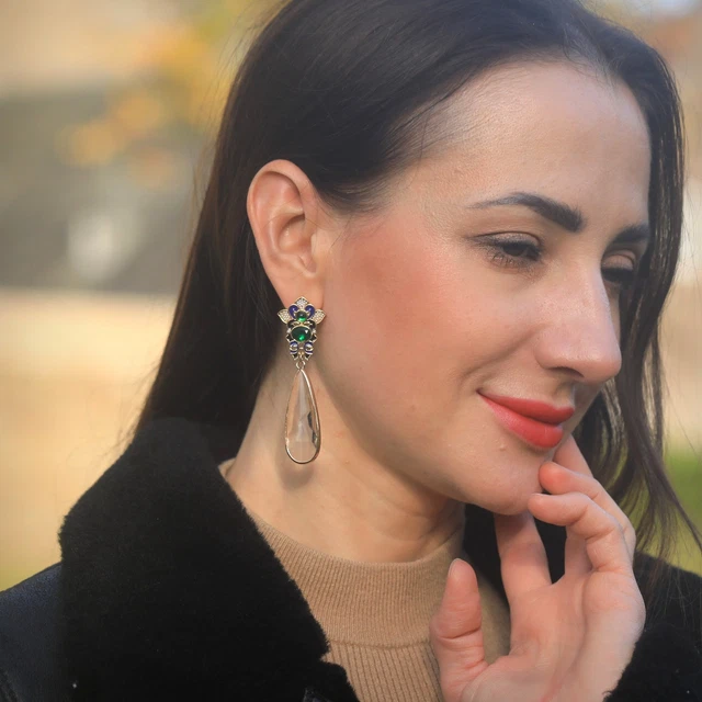 Boucles D'oreilles Clip-on Chandelier Oiseau Et Lune Rouge - Doré - Enorme Et Longues