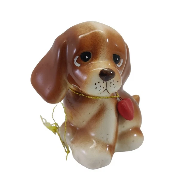 Vintage Russ Puppy Dog Figurine Glazed  Porcelain  Heart Necklace