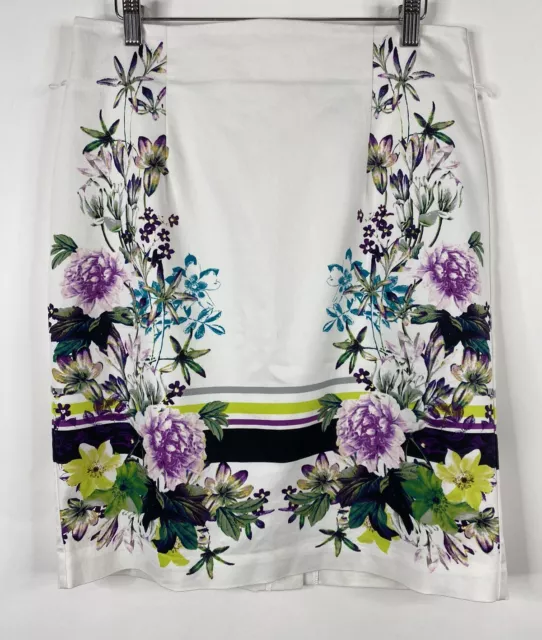 Worthington Pencil Skirt Women's Size 12 White Purple Floral Back Zip Lined