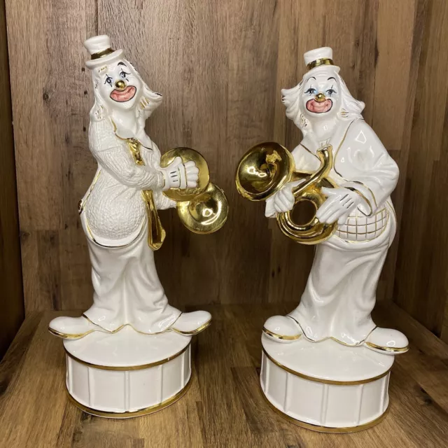 Capodimonte Porcelain Pair Of Clown Figurines White Gold Italy Musical Large X2