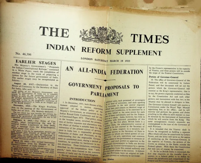 Ultra rare Times Newspaper Indian Reform Supplement 1933 Partition proposals
