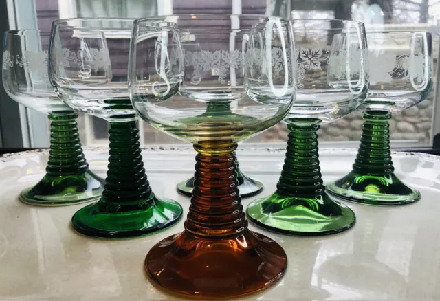 1970's German Roemer Green Beehive Stem Wine Glass Grape Leaf 1 Amber 3 Design-6