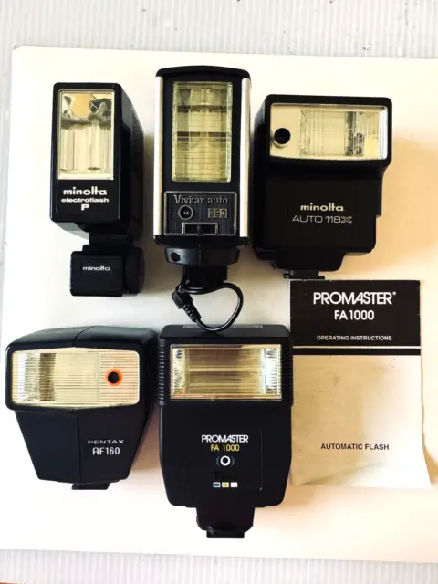 Lot 5 Vintage Camera Flash Attachments Minolta Promaster Vivitar Pentax Untested