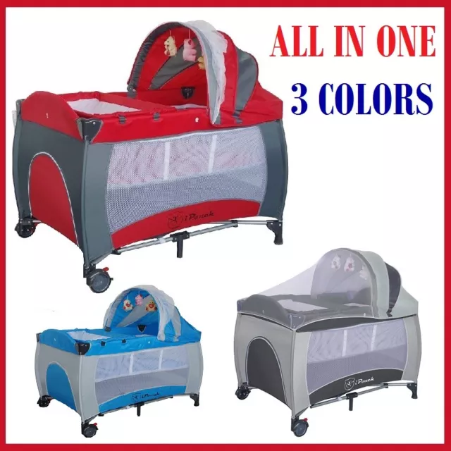 New All in 1 Deluxe Baby Travel Cot Portacot Playpen Crib Bed Bassinet - 3 color