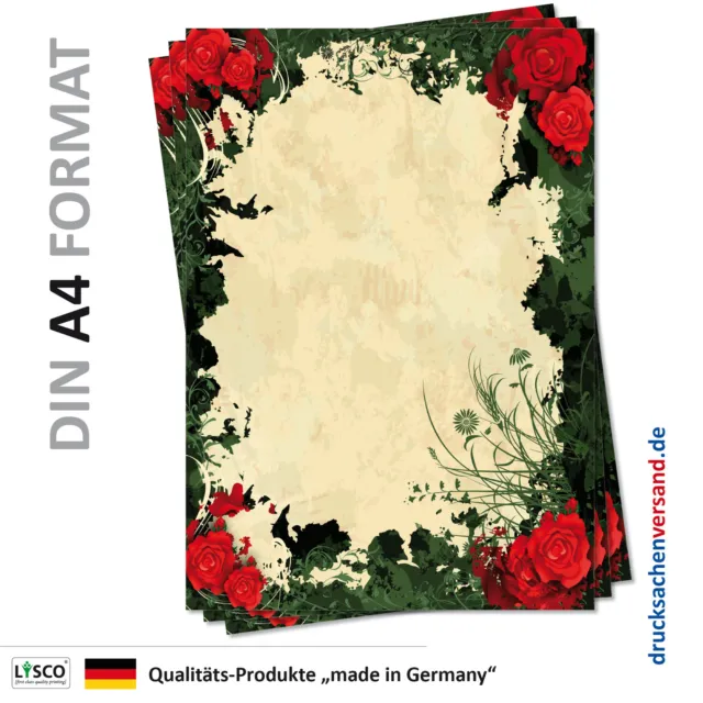25 Blatt Motivpapier-5108 DIN A4 rote Rosen Kletterrosen grüne Blätter Muster