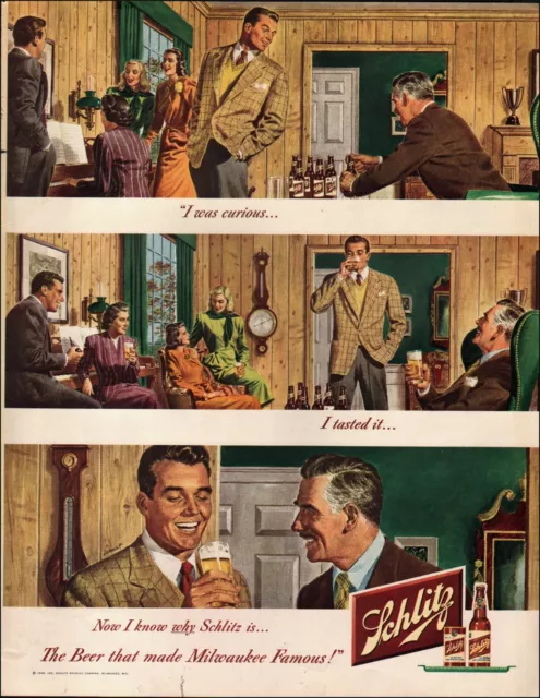1948 Vintage ad Schlitz beer retro Bottles Art Clock chairs  02/09/23