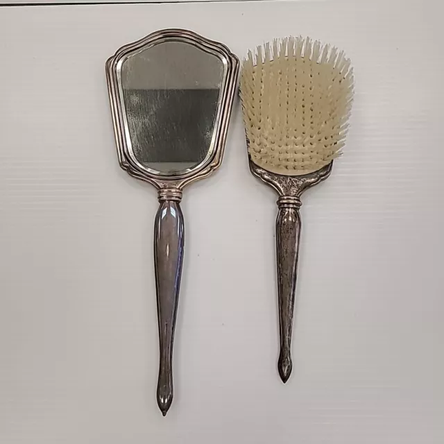 VTG Birks Sterling Silver Hand Mirror & Hair Brush Vanity Dresser Set 2 Piece 2