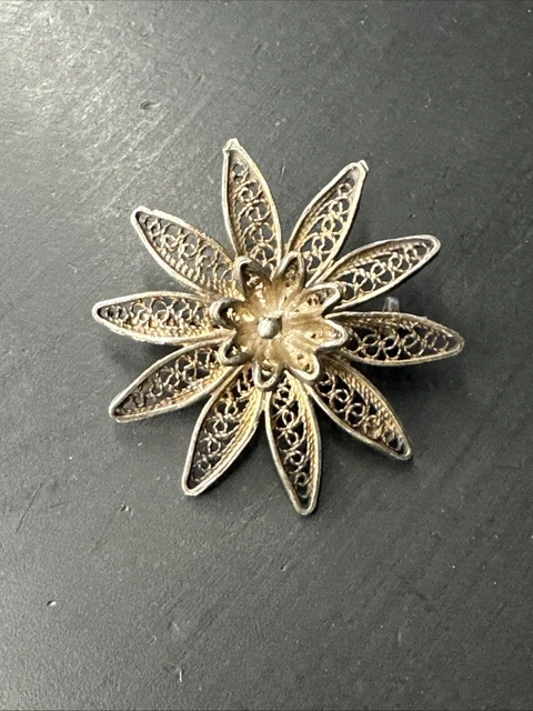 ANCIENNE BROCHE ARGENT Massif Filigrané Fleur d'Orchidées Poinçons EUR