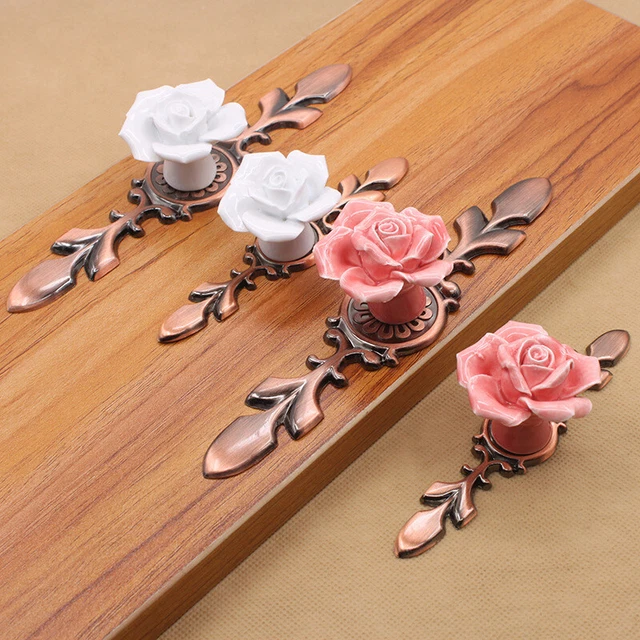 Retro Antique Ceramic Rose Furnitures Handles Cabinet Pulls Closet Drawer Knobs