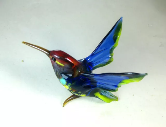 hand blown glass animal hummingbird murano style figurine ornament blue red 3.8"
