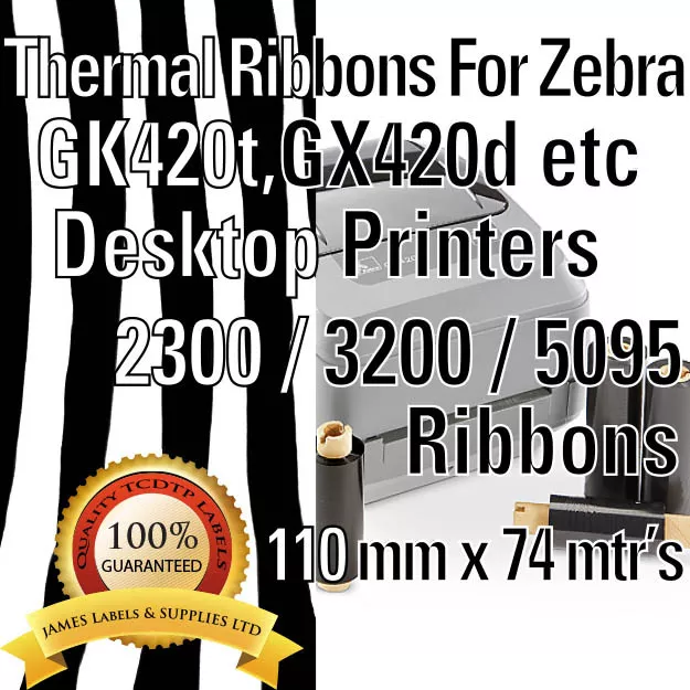 Zebra Thermal Ribbons 110m x 74m Ribbons Wax 2300 Wax/Resin 3200 & Resin 5095