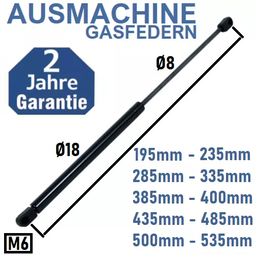 Gasdruckfeder mit 10mm Kugelpfanne Gasfeder 175mm - 735mm Gasdrukdämpfer 8/18mm