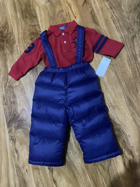 Ralph Lauren Boy's Navy Salopettes Trouser & Red Rugby Outfit For 12 Months BNWT