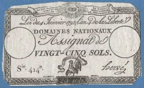 Assignat de Vingt-Cinq Sols....4 Janvier 1792 An 4...Série 414e