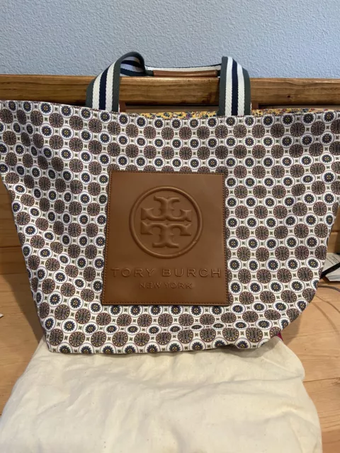 New! TORY BURCH Cotton Canvas Black Printed CURLY RIBBON Swan Tote