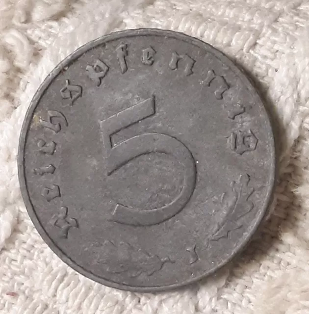 1940-J , WW2 German 5 Reichspfennig , WWII Era Heavily Circulated Coin