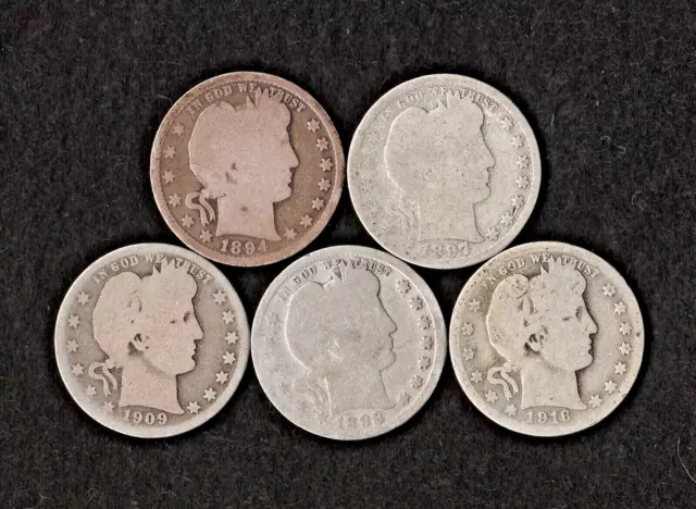 1894 1897 1898 1909 D 1916 D Barber Silver Quarters Lot of 5 Junk Silver
