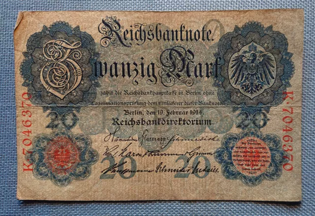 old German banknote Twenty Marks Berlin 19. February 1914 Reichsbank directorate