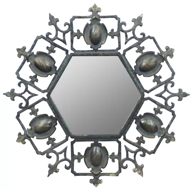 Mid Century Wrought Iron Spanish Revival Fleur de Lis Wall Vanity Mirror 17"