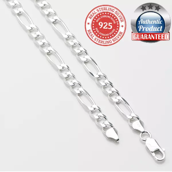 Real Sterling Silver Mens Boys Figaro Solid Chain Bracelet or Necklace 925 Italy