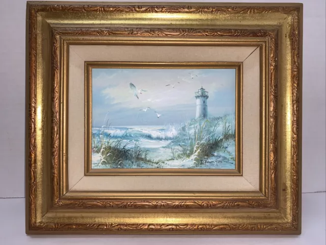 Seascape Oil Painting J Thompson ￼Oceanfront Lighthouse Gold Gilt Framed 12x10”