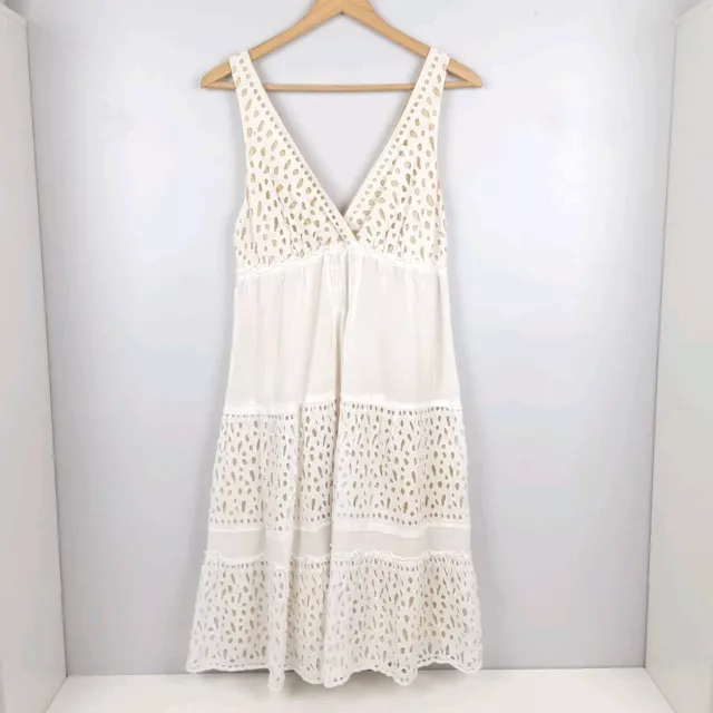 BCBG MAXAZRIA White Cotton Sleeveless Eyelet Silk Lined Midi Dress Size Medium