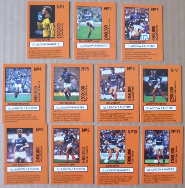 GLASGOW RANGERS FOOTBALL CARDS by TEAM TACTIX 1986 Trading Cards Set OF 11