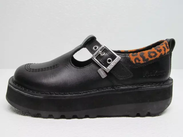 Kickers Kick Stack T-Bar Shoes Black Leather Leopard Trim Size 38
