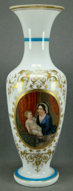 Mid 19th Century French Baccarat Opaline HP Mother Child & Gold 17 3/8 Inch Vase