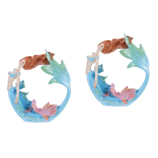 Set 2 Mermaid Fish Tank Landscaping Ornaments Desktop Decor Turtle Statue Shell