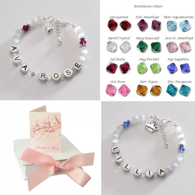 Personalised Bracelet for a Girl with Any Name and Birthstones, Gift for a Girl