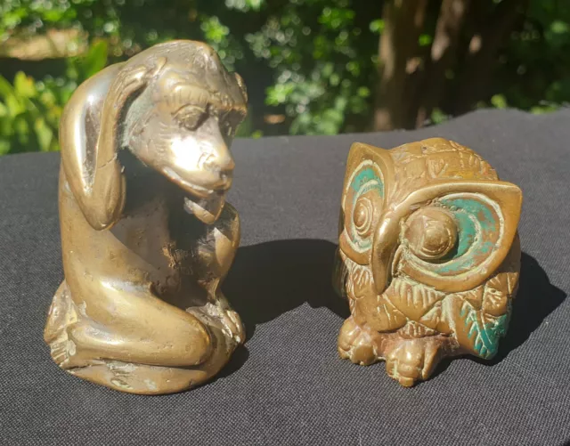 Solid Cast Brass Owl & Monkey Figurines Ornamental Nick-Nack Sculptures 