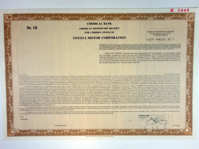 Toyota Motor Corp., 1987 Specimen ADR Stock Certificate, XF SCUSBNC