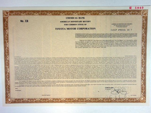 Toyota Motor Corp., 1987 Specimen ADR Stock Certificate, XF SCUSBNC