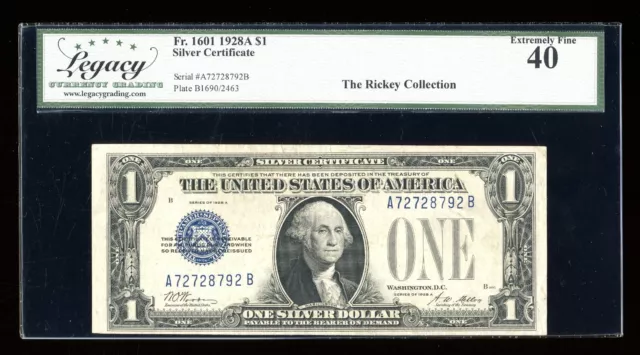 DBR 1928-A $1 Silver Funnyback Fr. 1601 AB Block Legacy XF-40 Serial A72728792B