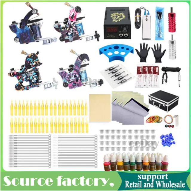 Beginner Tattoo Kit 4 Machine Guns Power Supply Set Grips 40 color Ink Needles