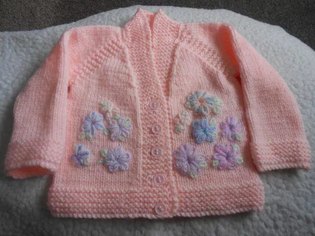 Hand Knitted Peach * Flowers* cardigan newborn baby girl/reborn 19.20" New..