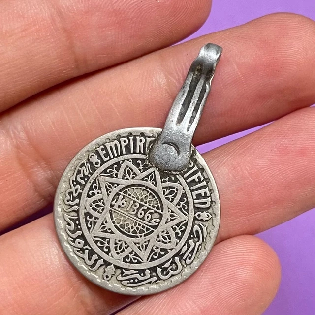 Morocco Rare Silver Pendant Coin Amulet 10 Francs 1366 Ah Hassani Collection
