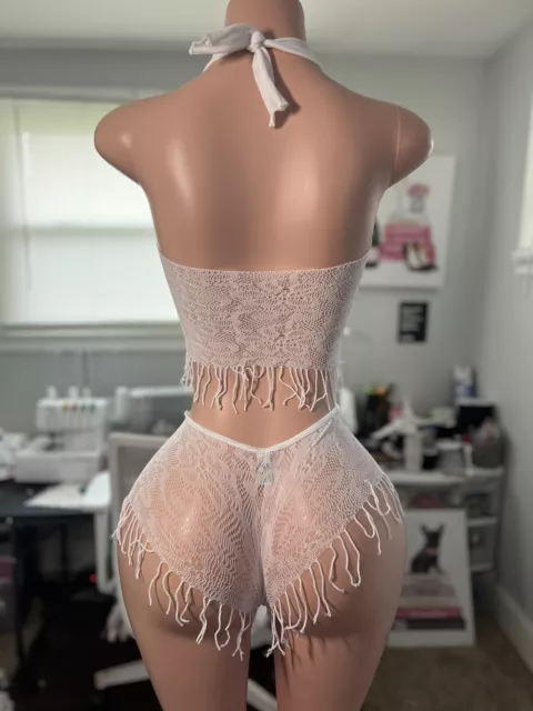 Stripper Outfit Exotic Dance wear Crochet Net Fringe Lingerie Shorts Set 2
