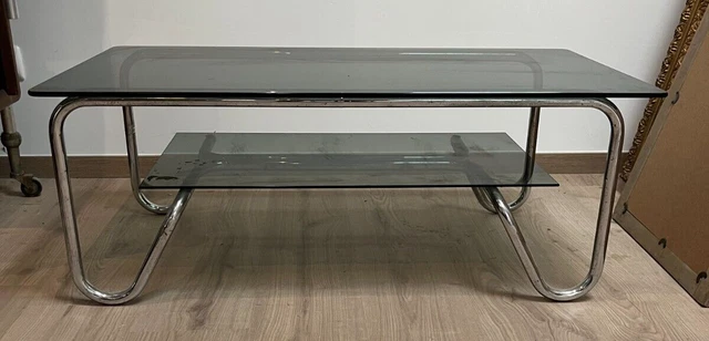 TABLE BASSE EN metal chrome et verre fume design annees 70 italie