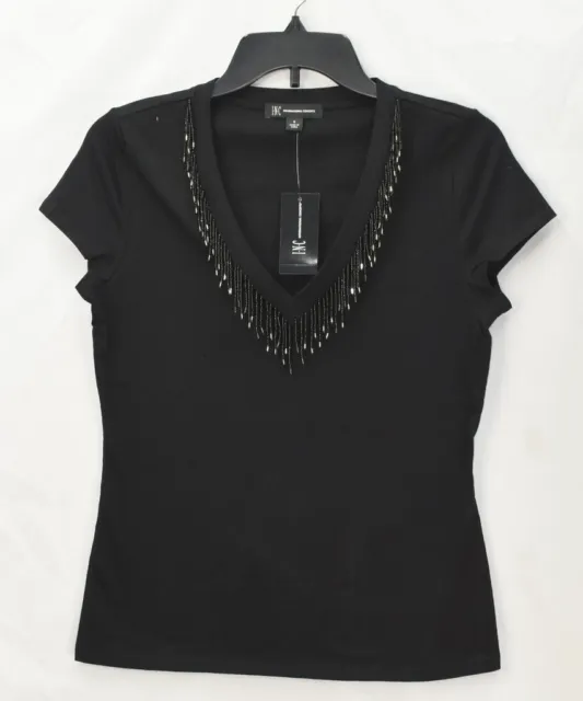 INC Women's Size Small Cotton Beaded Fringe-Trim V-Neck  Top Blouse Black NWT