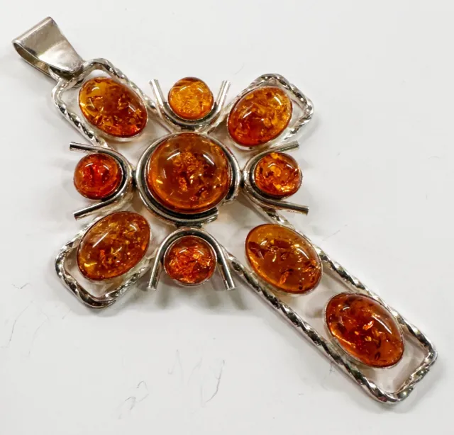 925 Solid Pure Sterling Silver Cognac Genuine Baltic Amber Large Cross Pendant