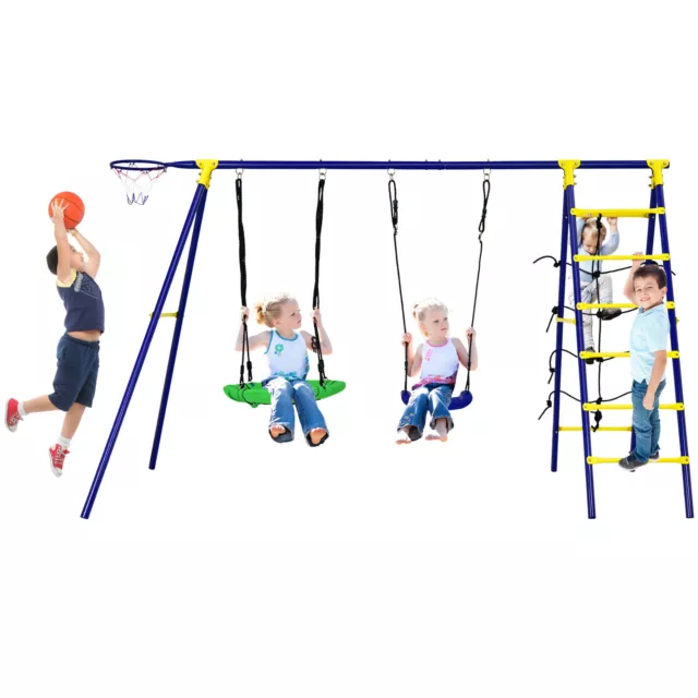5-In-1 Outdoor Kids Swing Set Children Climbing Ladder Games W/ Basketball Hoop